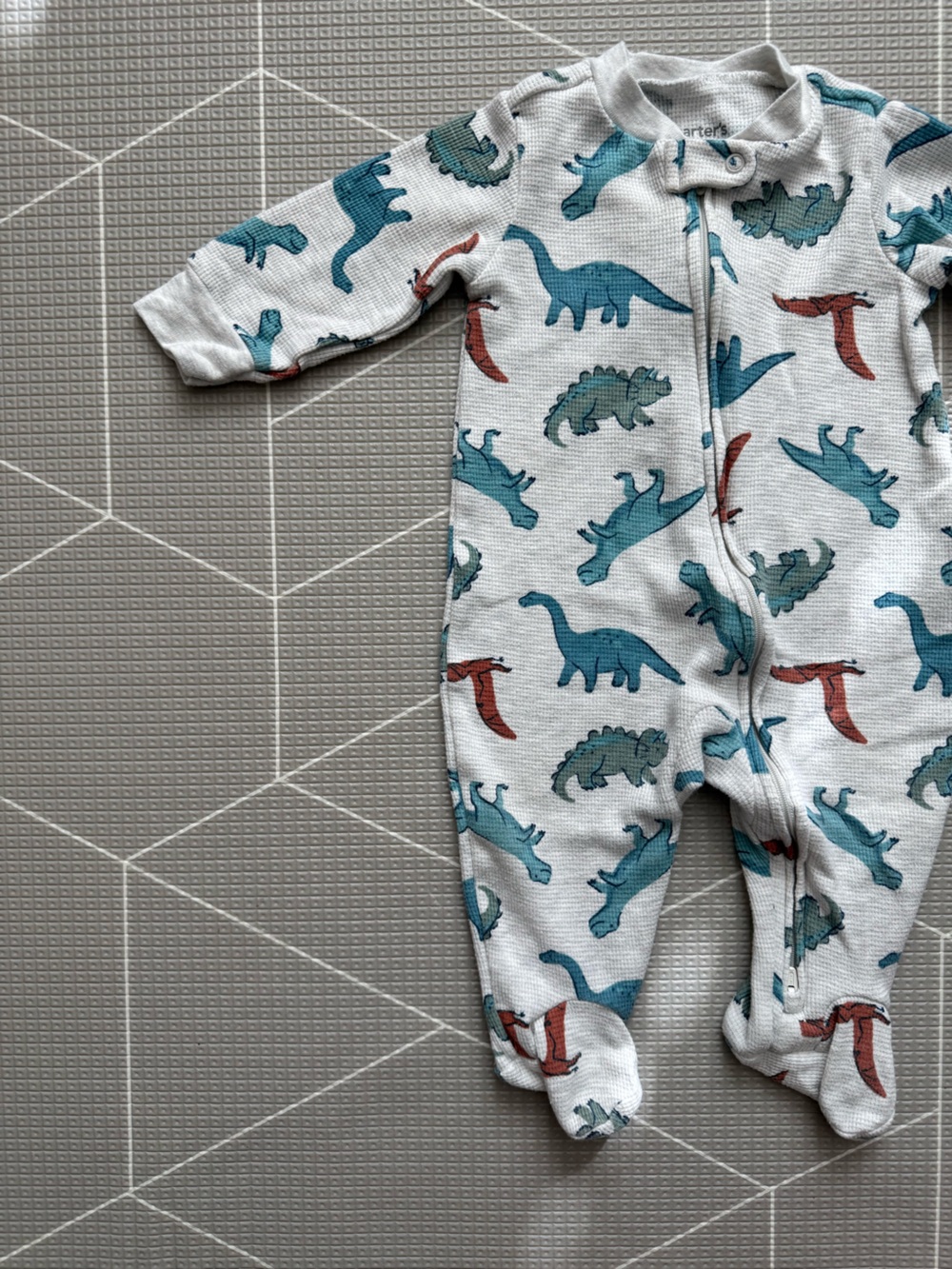 Carter's|Baby boy waffle knit Teal Dinosaur Print One-Piece footies,long sleeve•
